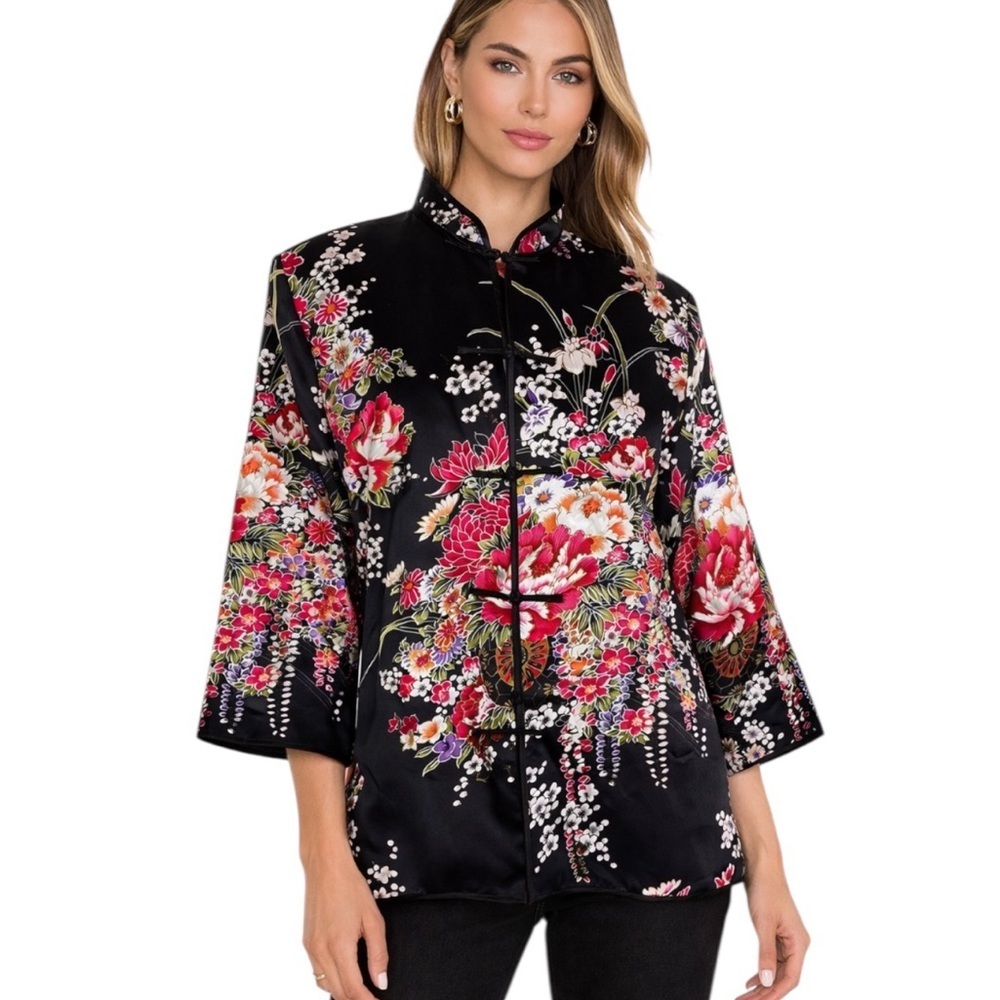 Grace Chang Silk Jacket Black Floral Size S - Picture 9 of 9
